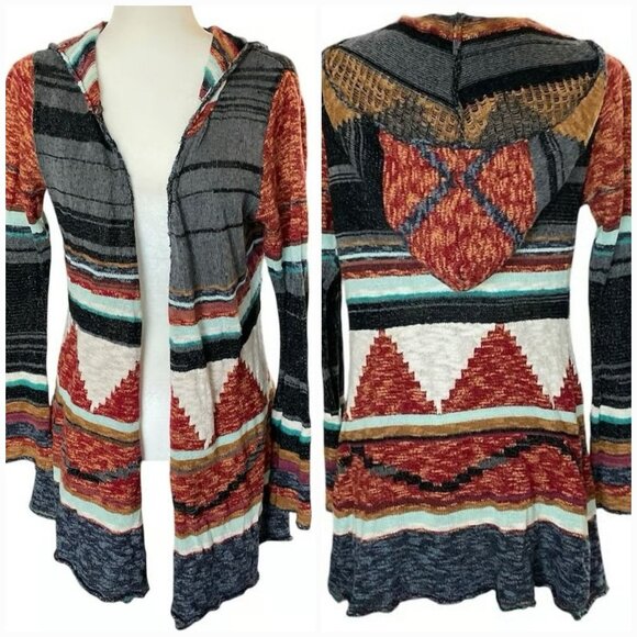 Mudd Duster Boho Aztec Hippie Multicolor Hooded Open Front Cardigan Sweater - Picture 1 of 6